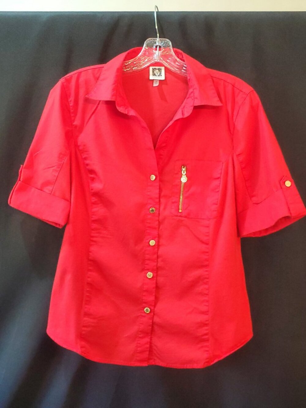 Ladies ANNE KLEIN Fitted Red Short Sleeve Blouse Gold Tone Buttons Zipper Medium